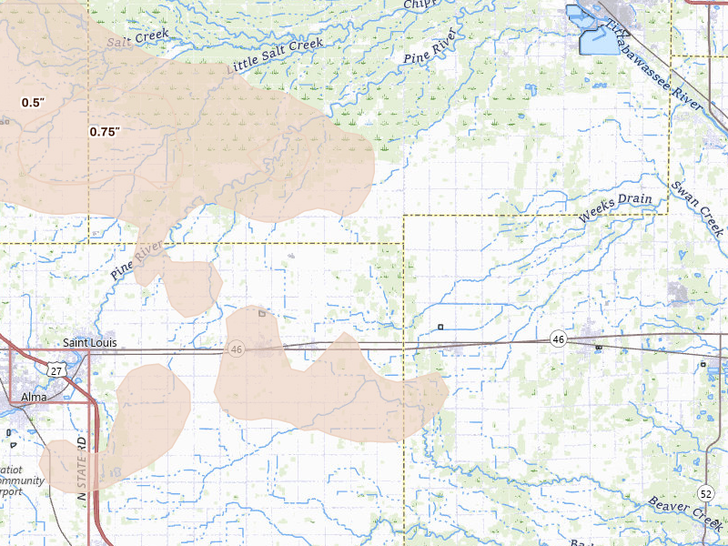 Radar-estimated hail-size map of the storm over Wheeler, MI on Sep 3, 2026