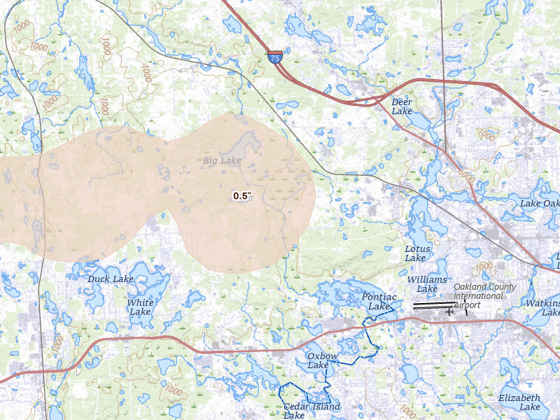 Radar-estimated hail-size map of the storm over White Lake, MI on May 15, 2026