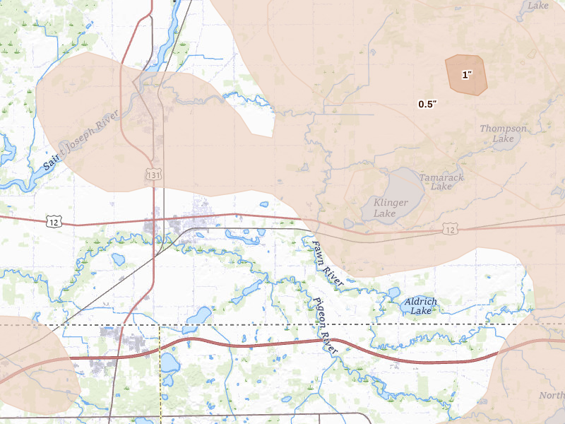 Radar-estimated hail-size map of the storm over White Pigeon, MI on Sep 4, 2026