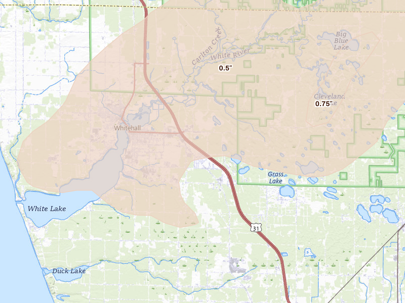 Radar-estimated hail-size map of the storm over Whitehall, MI