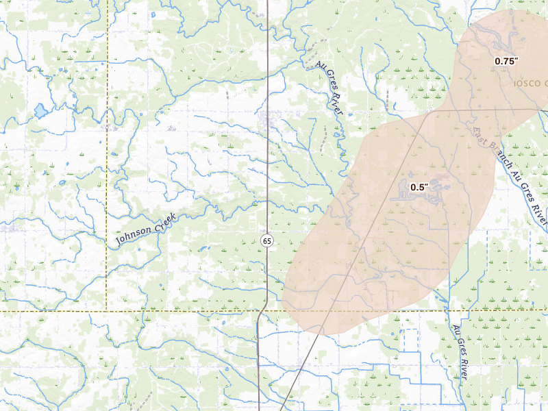 Radar-estimated hail-size map of the storm over Whittemore, MI on Apr 13, 2026