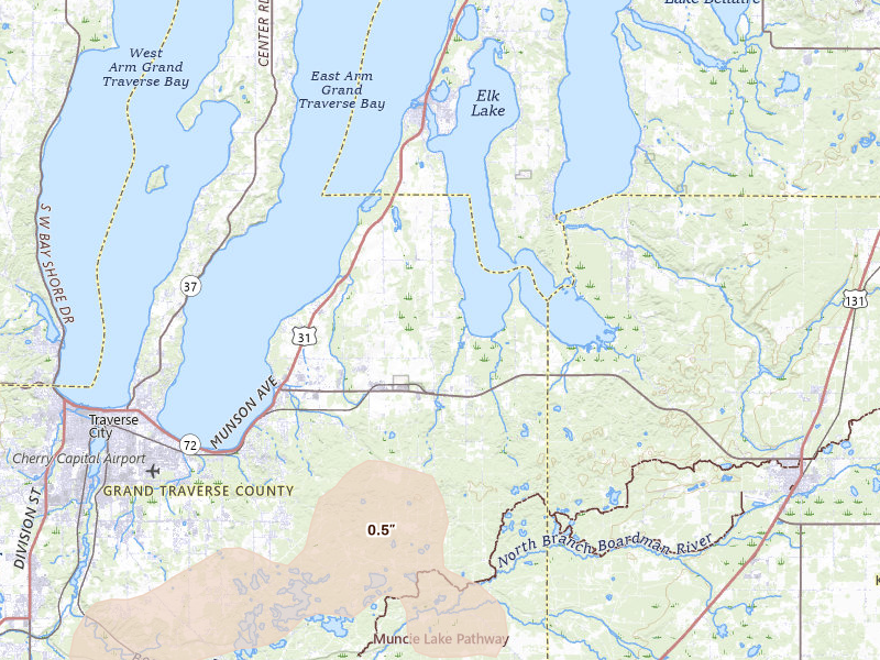 Radar-estimated hail-size map of the storm over Williamsburg, MI on Jul 1, 2026