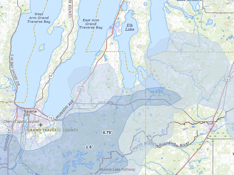 NEXRAD radar-signature map of the hail storm over Williamsburg, MI on Jul 1, 2026