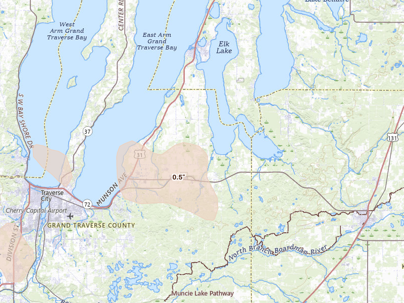 Radar-estimated hail-size map of the storm over Williamsburg, MI on Jul 12, 2026