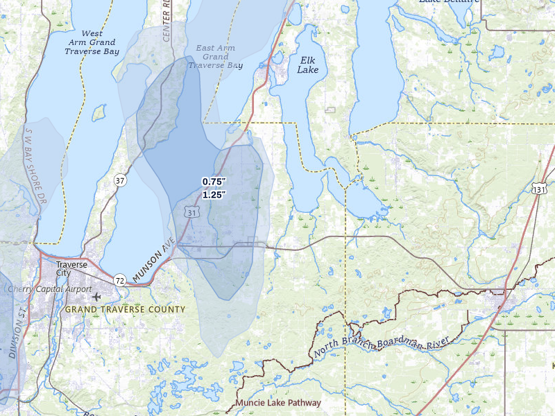 NEXRAD radar-signature map of the hail storm over Williamsburg, MI on Jul 12, 2026