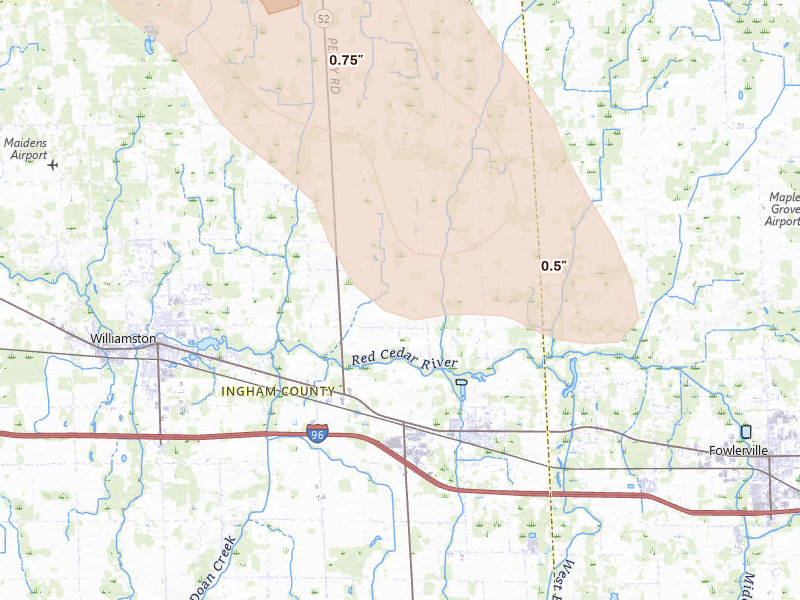 Radar-estimated hail-size map of the storm over Williamston, MI on Jul 15, 2026