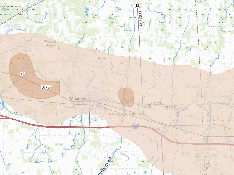 Radar-estimated hail-size map of the storm over Williamston, MI on Sep 2, 2026