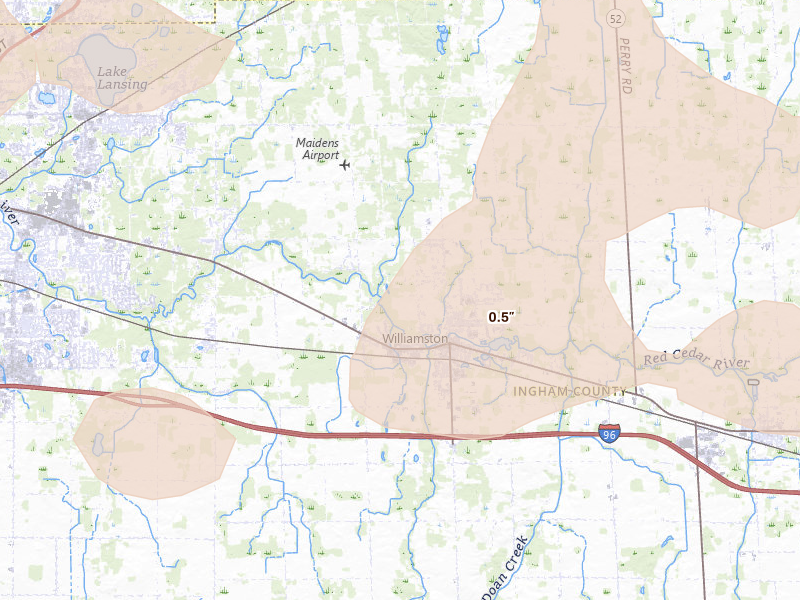 Radar-estimated hail-size map of the storm over Williamston, MI
