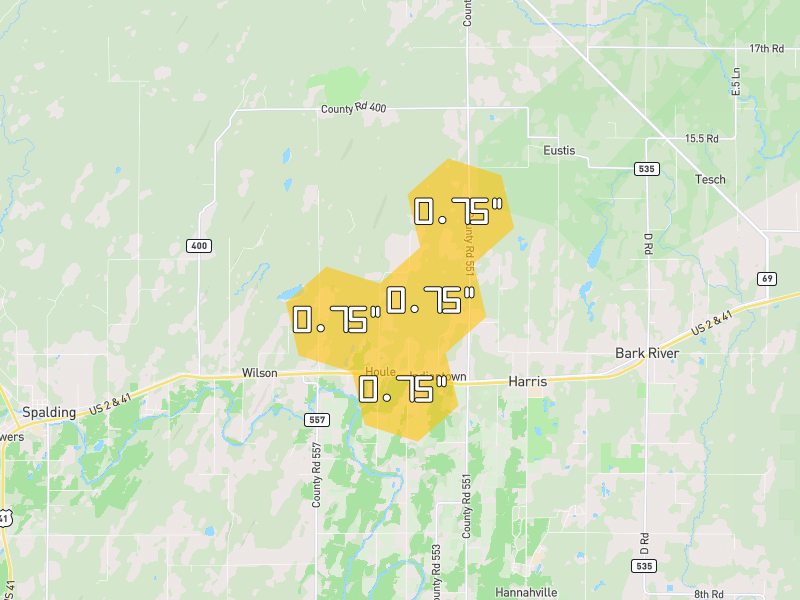 Hail map of Wilson, MI on Jun 29, 2026, hail up to 0.75"