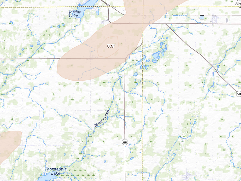 Radar-estimated hail-size map of the storm over Woodland, MI on Apr 13, 2026