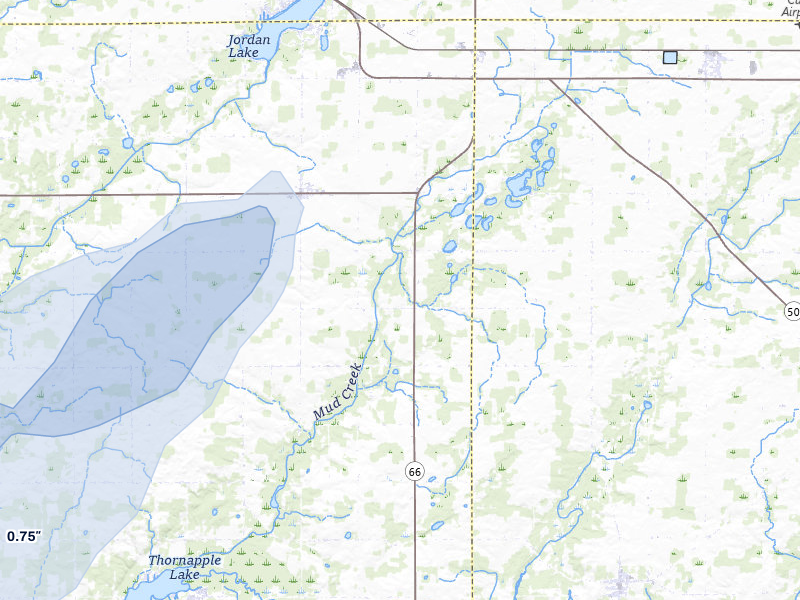 NEXRAD radar-signature map of the hail over Woodland, MI