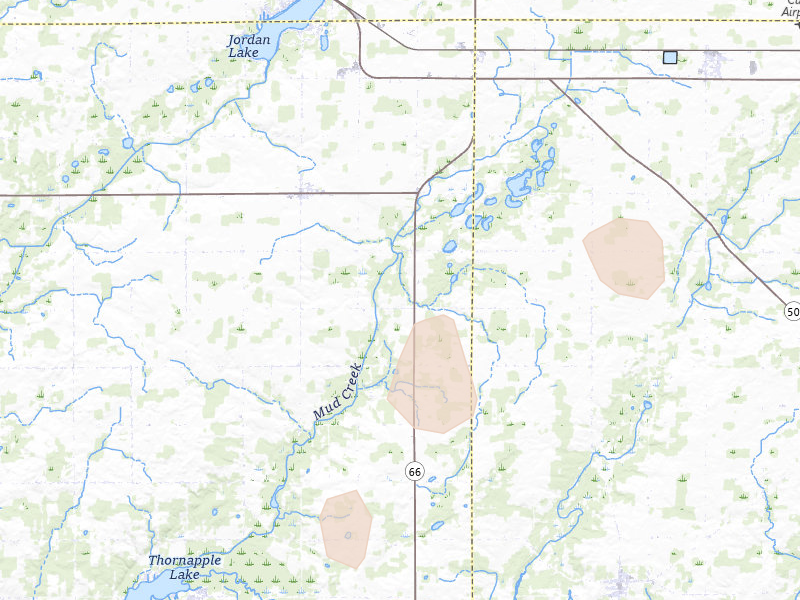 Radar-estimated hail-size map of the storm over Woodland, MI on Jun 16, 2026