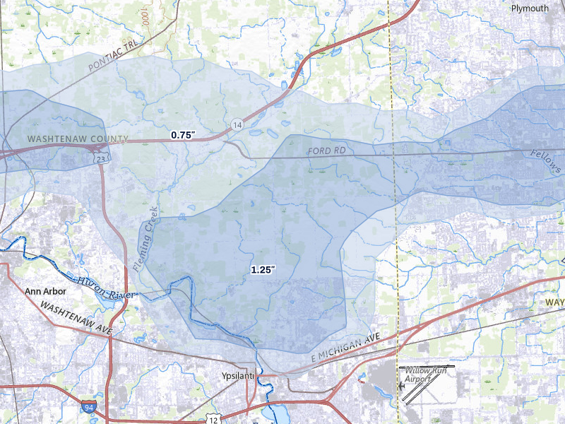 NEXRAD radar-signature map of the hail over Ypsilanti, MI