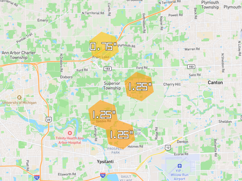 Hail map of Ypsilanti, MI on Jul 3, 2026, hail up to 1.25"