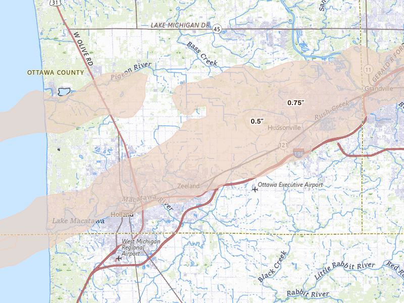Radar-estimated hail-size map of the storm over Zeeland, MI on Mar 10, 2026