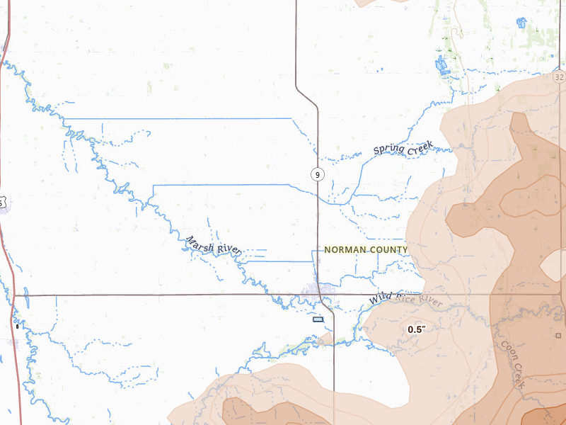 Radar-estimated hail-size map of the storm over Ada, MN on Jul 6, 2026