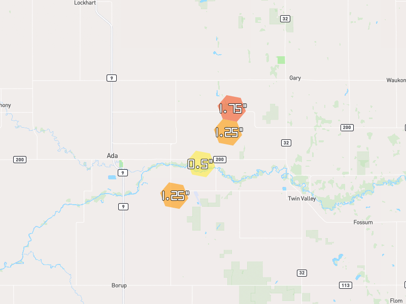 Hail map of Ada, MN on Jul 6, 2026, hail up to 1.75"