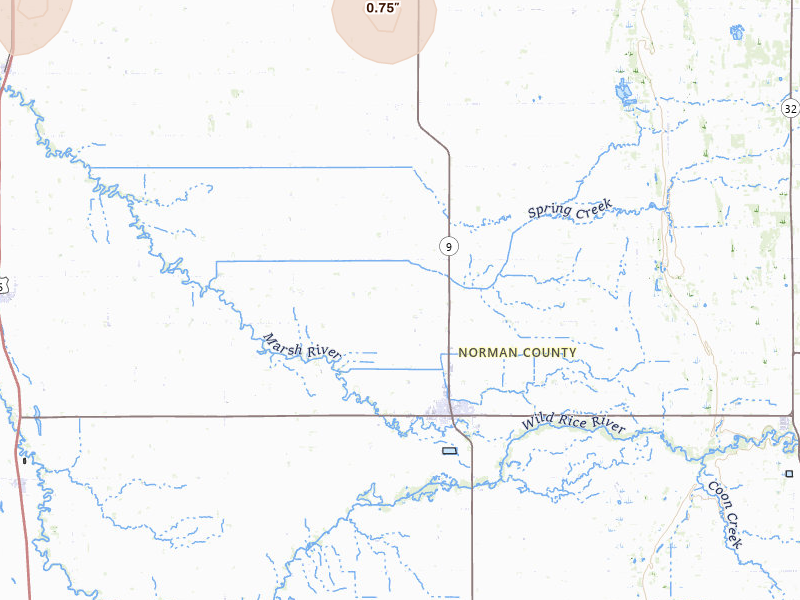 Radar-estimated hail-size map of the storm over Ada, MN on Jul 30, 2026