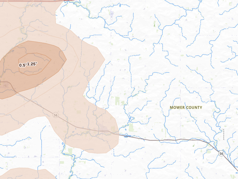 Radar-estimated hail-size map of the storm over Adams, MN on May 26, 2026