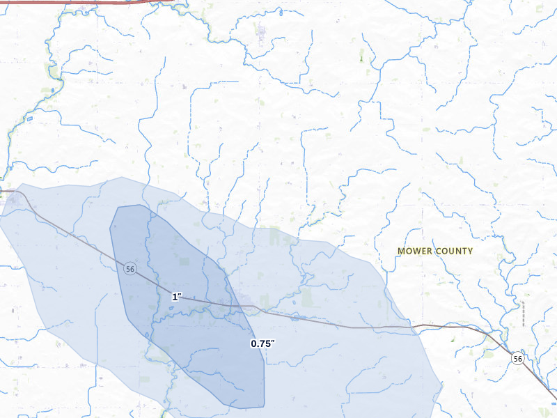 NEXRAD radar-signature map of the hail over Adams, MN