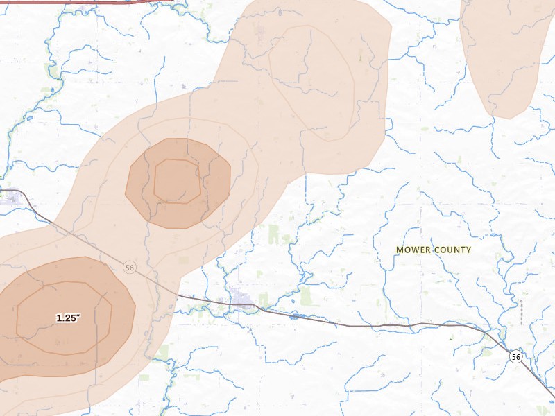 Radar-estimated hail-size map of the storm over Adams, MN on Jun 30, 2026