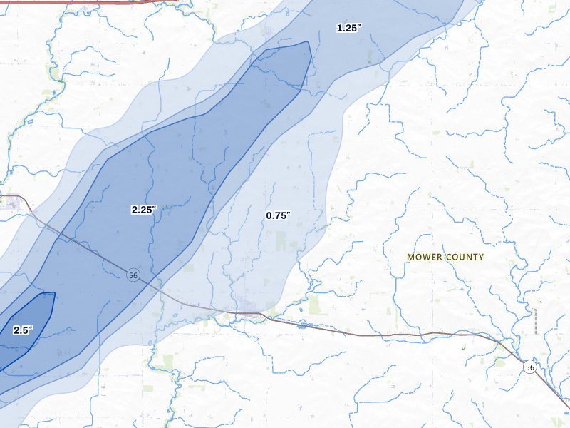 NEXRAD radar-signature map of the hail storm over Adams, MN on Jun 30, 2026