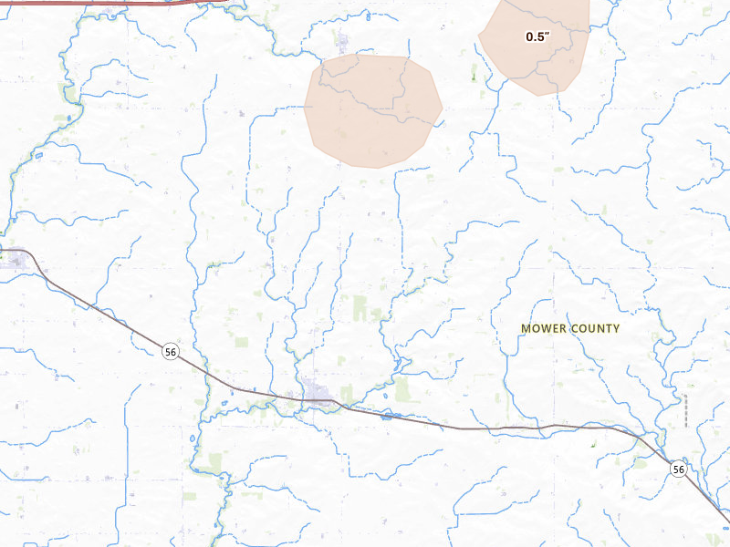 Radar-estimated hail-size map of the storm over Adams, MN on Jul 1, 2026