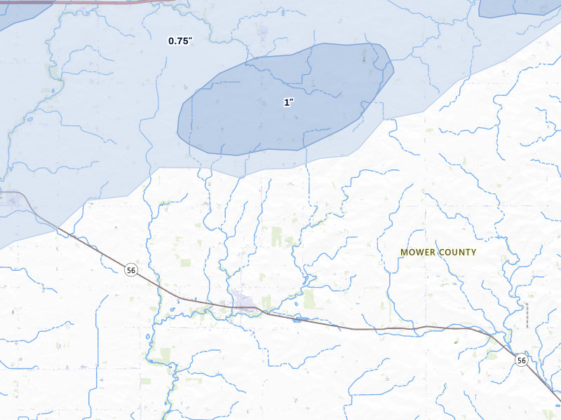 NEXRAD radar-signature map of the hail storm over Adams, MN on Jul 1, 2026