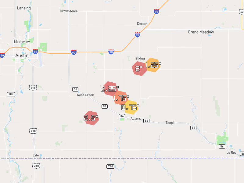 Hail map of Adams, MN on Jul 1, 2026, hail up to 2.5"