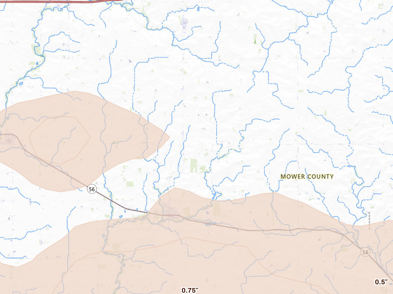 Radar-estimated hail-size map of the storm over Adams, MN on Jul 8, 2026