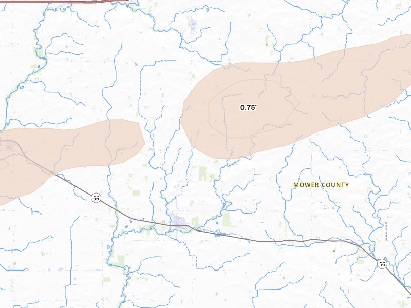 Radar-estimated hail-size map of the storm over Adams, MN on Sep 1, 2026