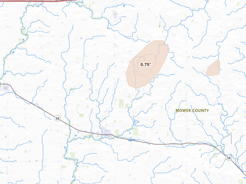 Radar-estimated hail-size map of the storm over Adams, MN on Sep 2, 2026