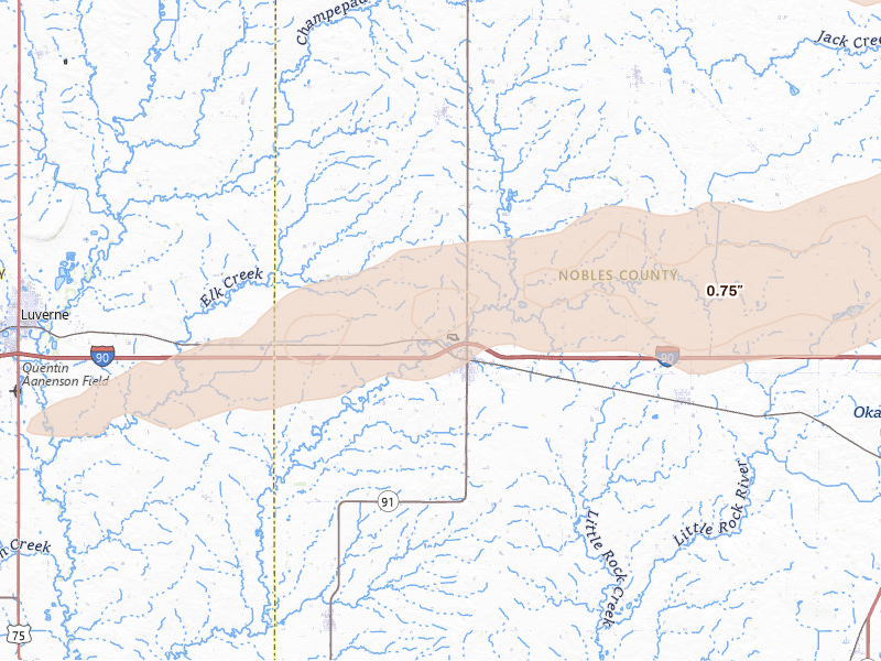 Radar-estimated hail-size map of the storm over Adrian, MN on Apr 13, 2026