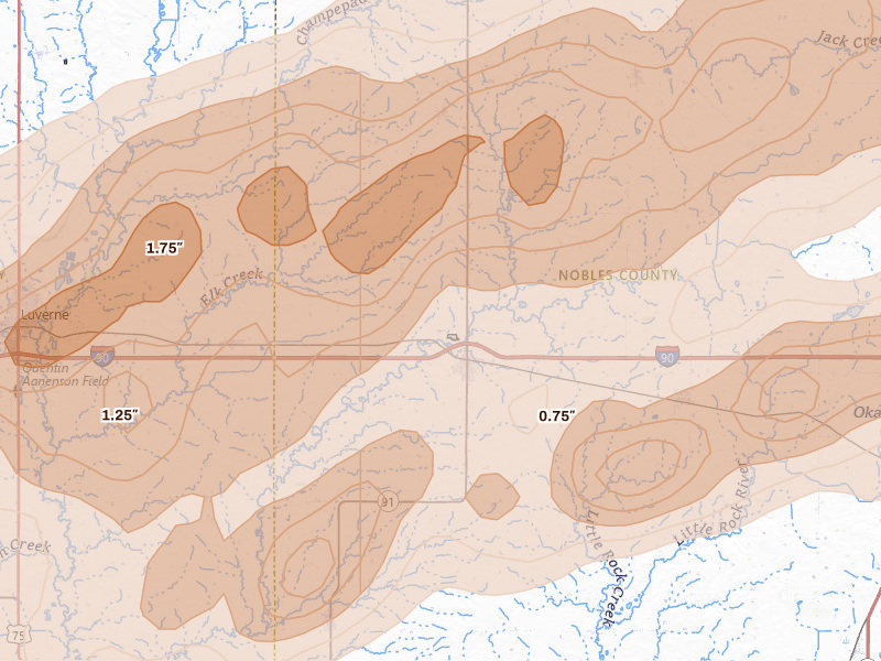 Radar-estimated hail-size map of the storm over Adrian, MN on May 17, 2026