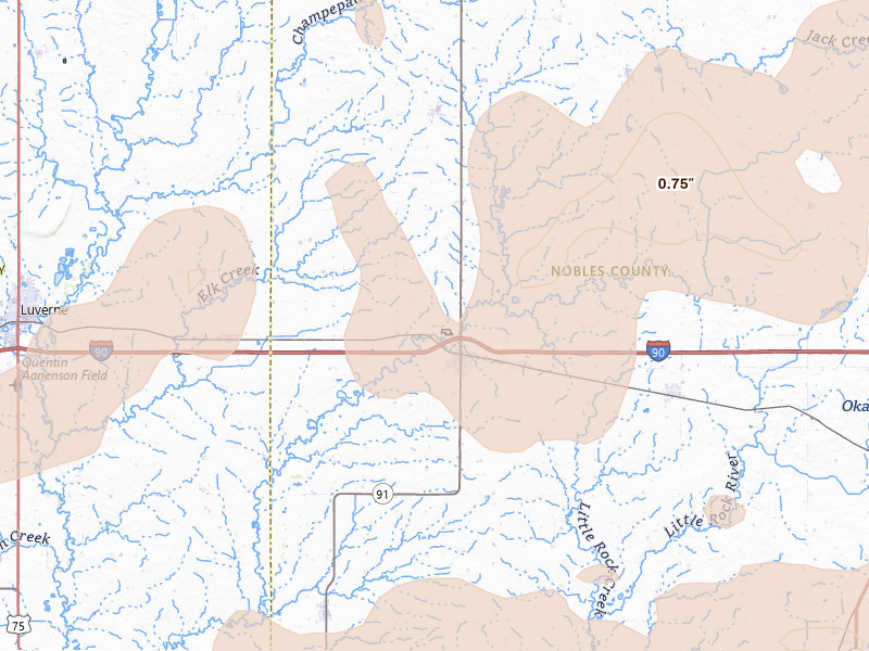 Radar-estimated hail-size map of the storm over Adrian, MN on Jun 27, 2026