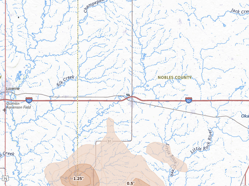 Radar-estimated hail-size map of the storm over Adrian, MN on Jul 4, 2026