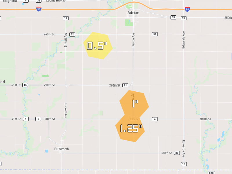 Hail map of Adrian, MN on Jul 5, 2026, hail up to 1.25"