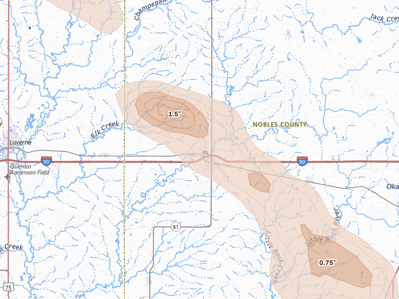 Radar-estimated hail-size map of the storm over Adrian, MN on Aug 18, 2026