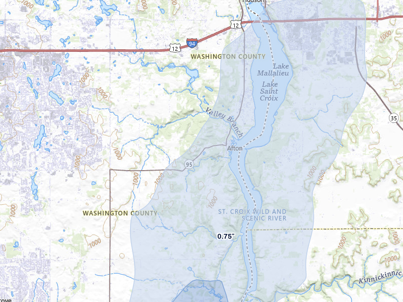 NEXRAD radar-signature map of the hail over Afton, MN
