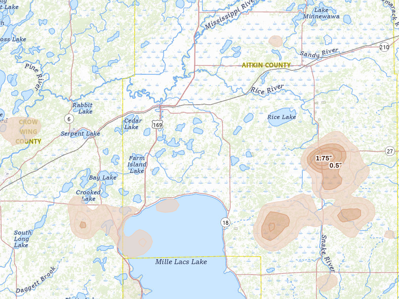 Radar-estimated hail-size map of the storm over Aitkin, MN