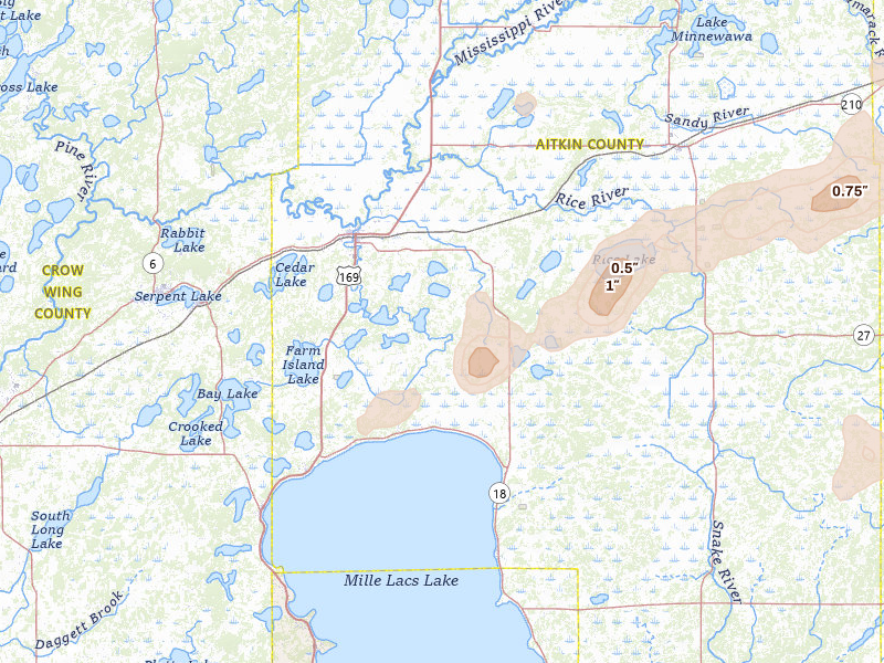 Radar-estimated hail-size map of the storm over Aitkin, MN on Jun 10, 2026