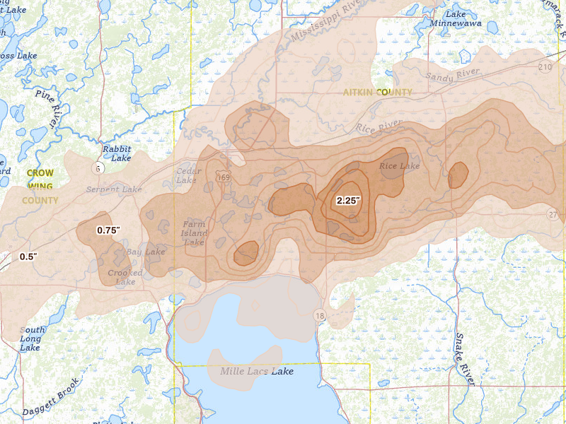 Radar-estimated hail-size map of the storm over Aitkin, MN on Jun 29, 2026