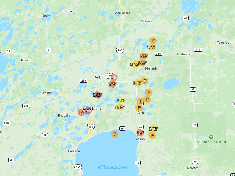 Hail map of Aitkin, MN on Jun 30, 2026, hail up to 2.25"