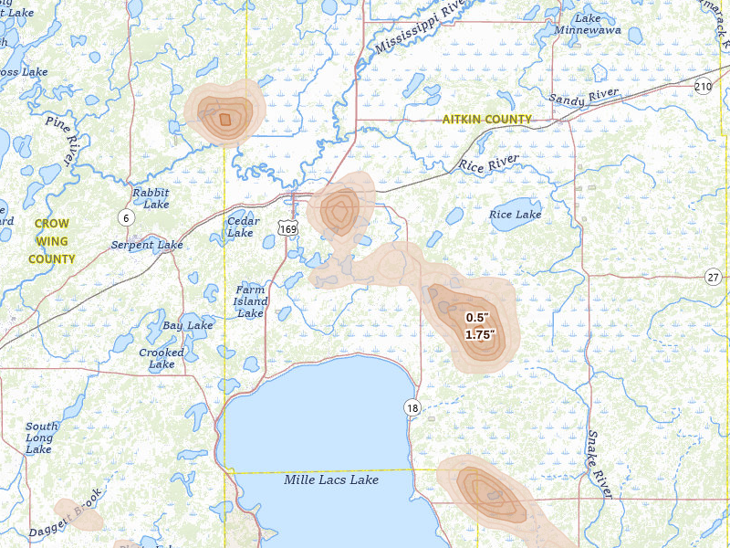 Radar-estimated hail-size map of the storm over Aitkin, MN on Jul 4, 2026