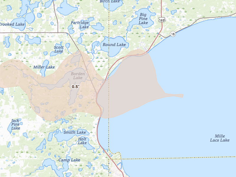 Radar-estimated hail-size map of the storm over Aitkin, MN on Aug 7, 2026