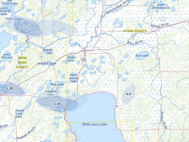 NEXRAD radar-signature map of the hail storm over Aitkin, MN on Aug 7, 2026