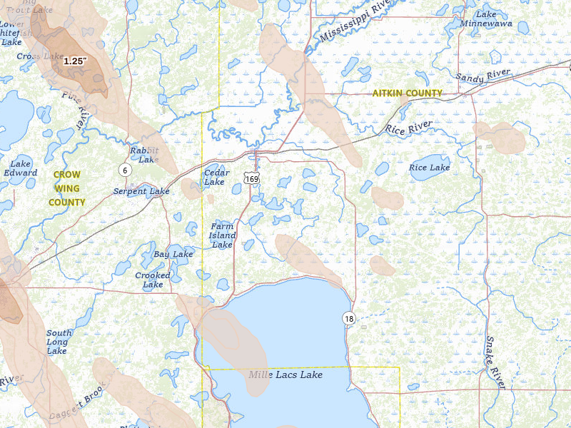 Radar-estimated hail-size map of the storm over Aitkin, MN on Aug 20, 2026