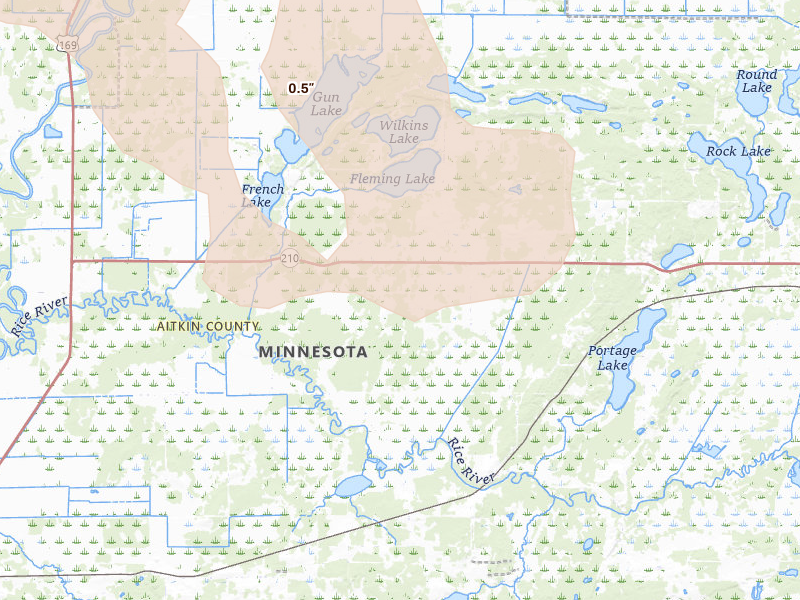 Radar-estimated hail-size map of the storm over Aitkin, MN on Sep 3, 2026