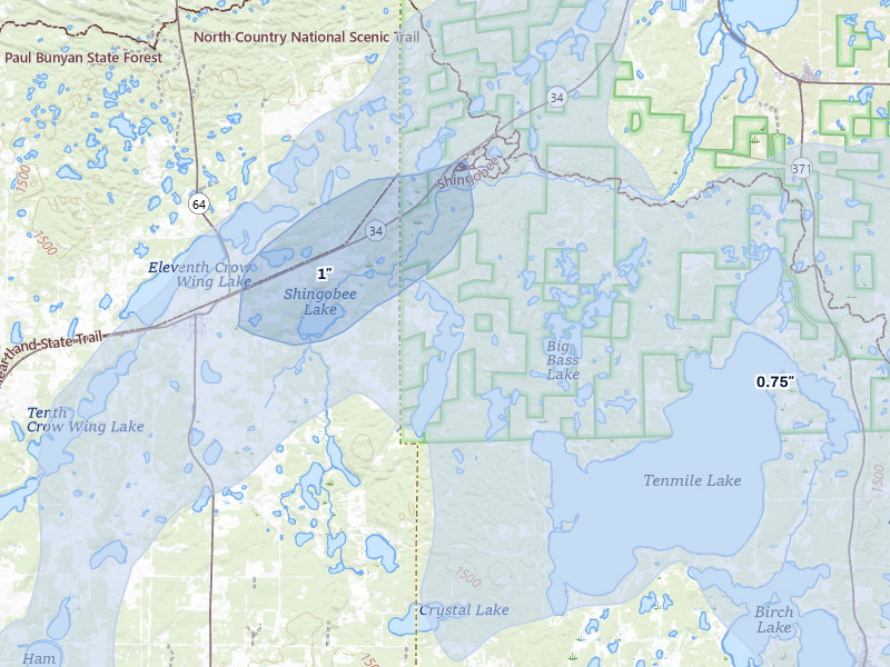 NEXRAD radar-signature map of the hail storm over Akeley, MN on Jun 29, 2026