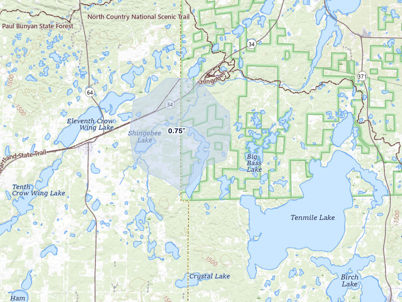 NEXRAD radar-signature map of the hail storm over Akeley, MN on Jul 3, 2026